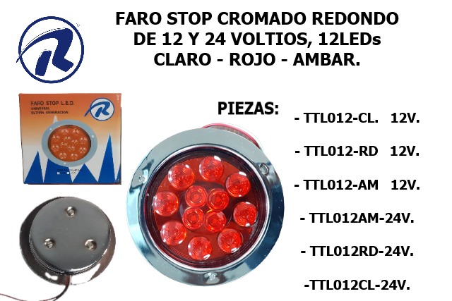 faro stop cromado 12led redondo 14cms 12v y 24v