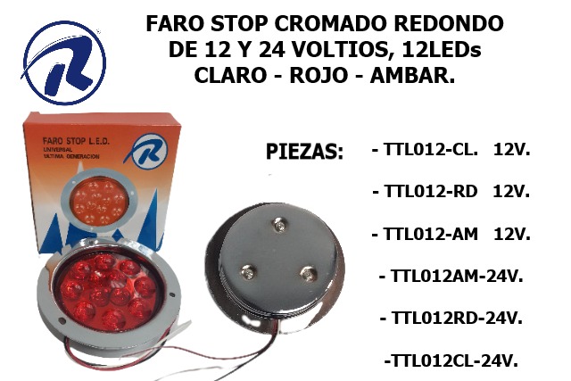 faro stop cromado 12led redondo 14cms 12v y 24v